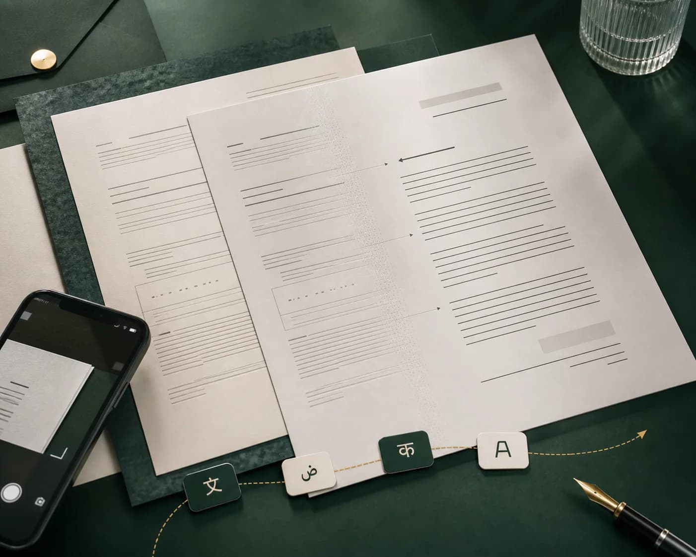 Documents traduits soigneusement disposés sur un bureau vert avec un téléphone de numérisation